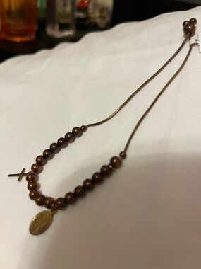 Copper Beaded Rosary-Style Bracelet with Cross Charm